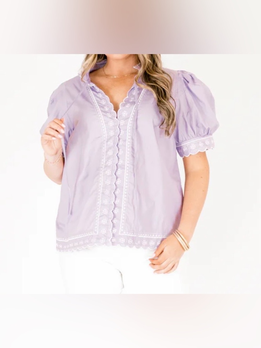 Scalloped Lace-Trim Puff Sleeve Top - Lavender Women's Size 3X - Picture 4 of 10